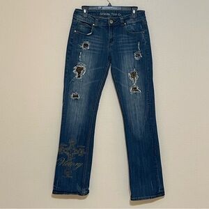 Vintage Cowgirl Tuff Jeans Believe Bootcut Rhinestone Destroyed Size 29